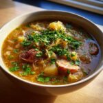 Close-up of a bowl of rich sauerkraut soup featuring chunks of sausage and topped with fresh parsley.