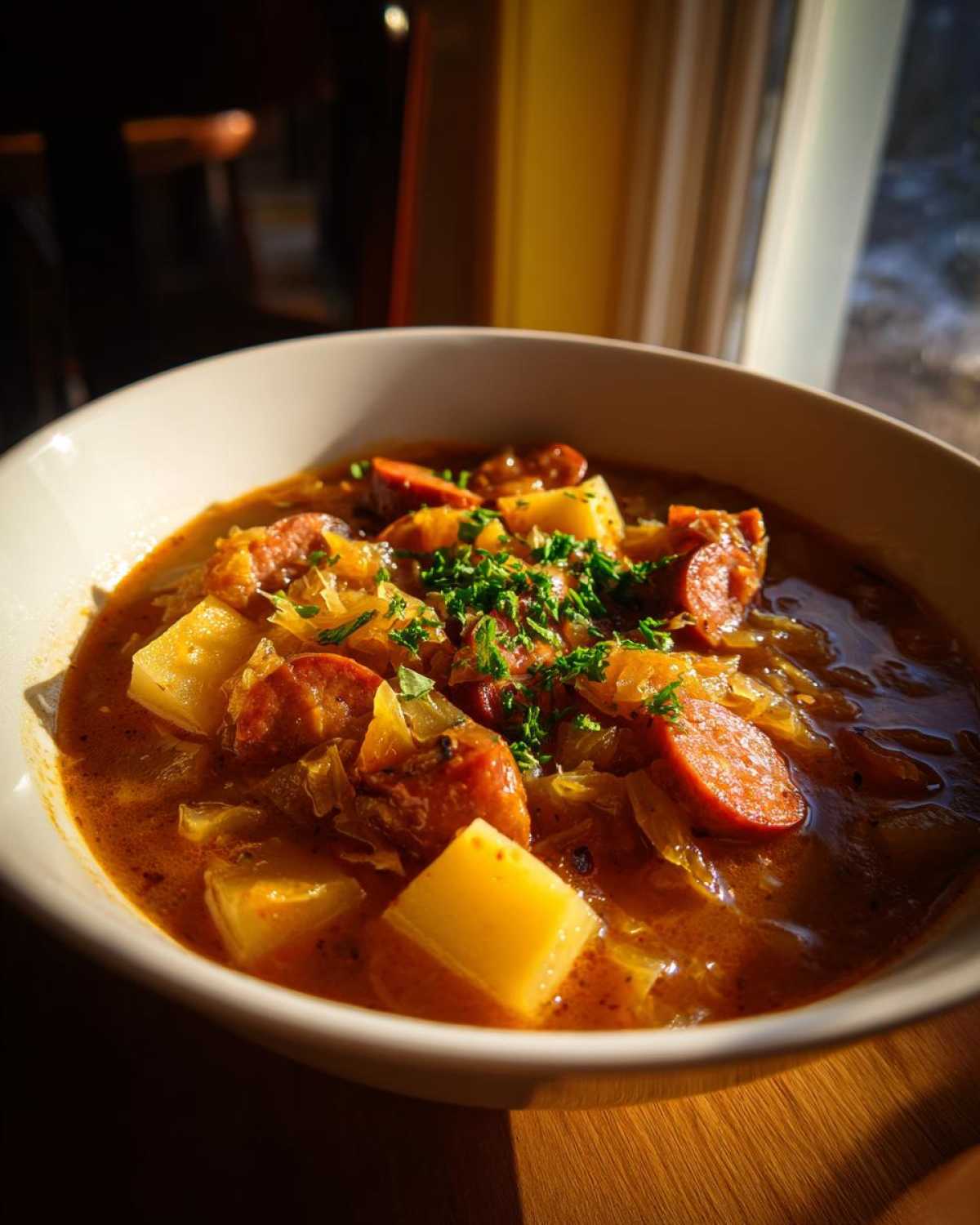 Close-up of a warm bowl of sauerkraut soup featuring sliced sausage, cubed potatoes, and fresh parsley garnish.