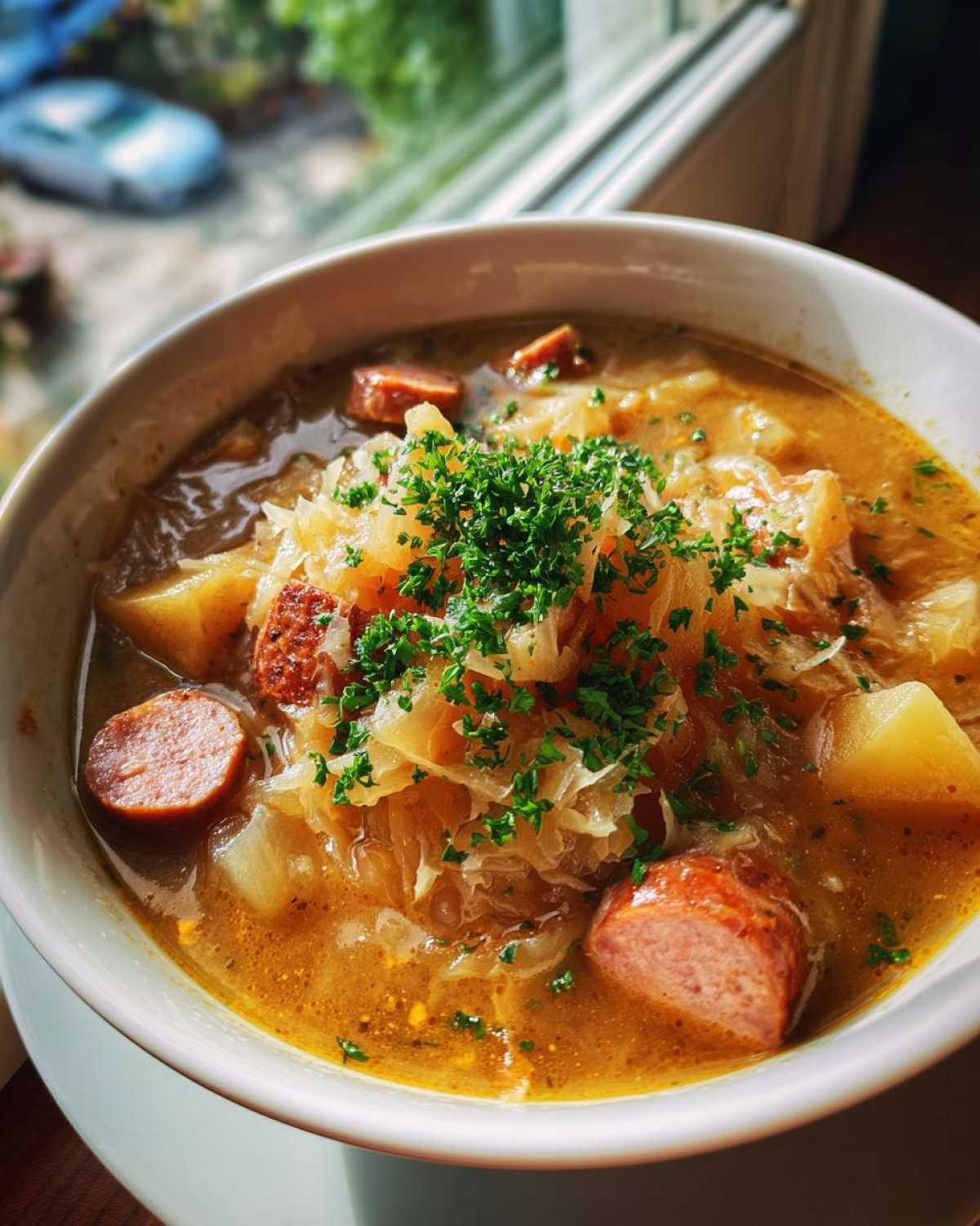 Close-up of a bowl of rich sauerkraut soup filled with shredded cabbage, potatoes, and sliced smoked sausage, garnished with fresh parsley.