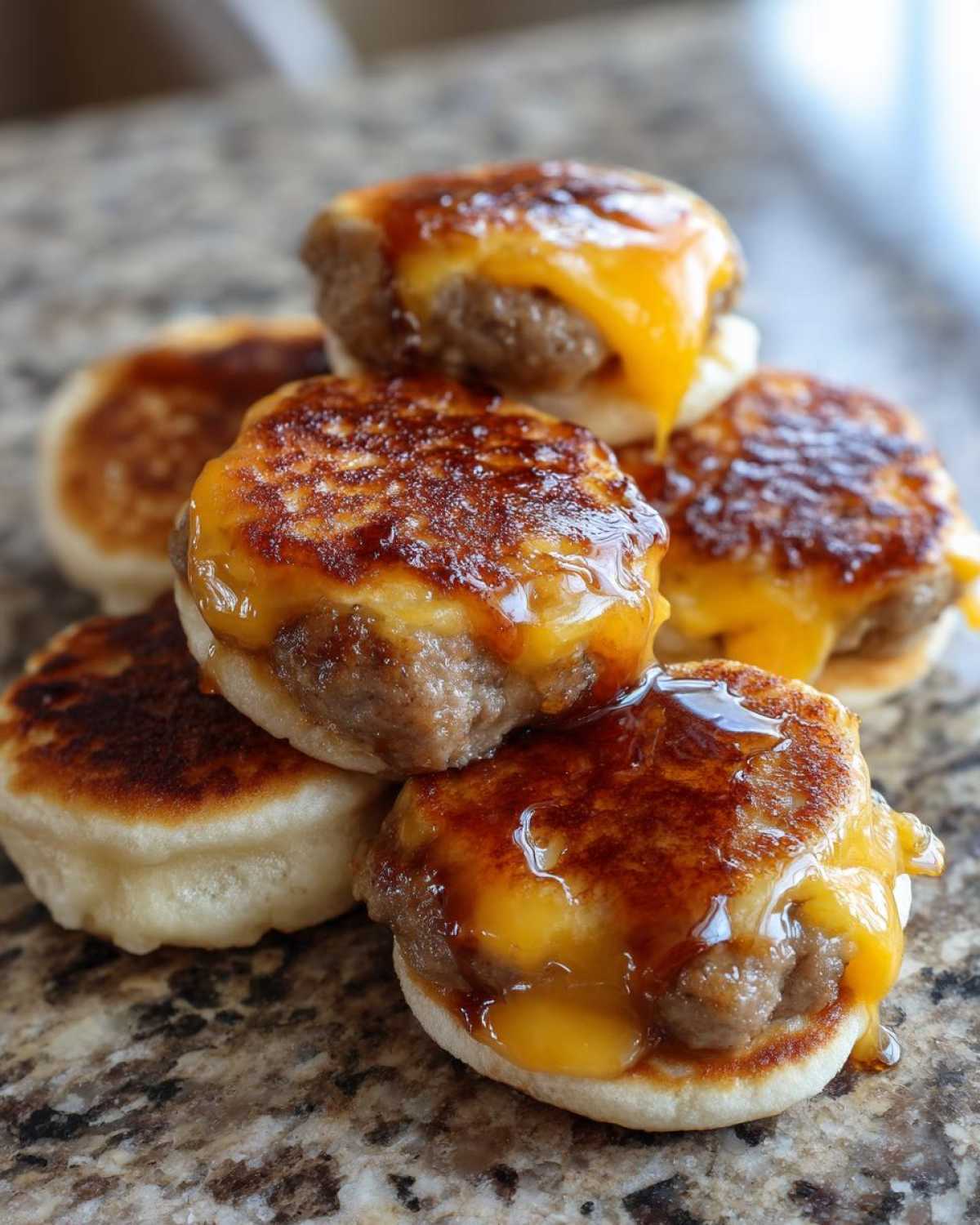 Close-up of a stack of homemade mcgriddle bites featuring sausage patties topped with melted cheddar cheese and syrup.