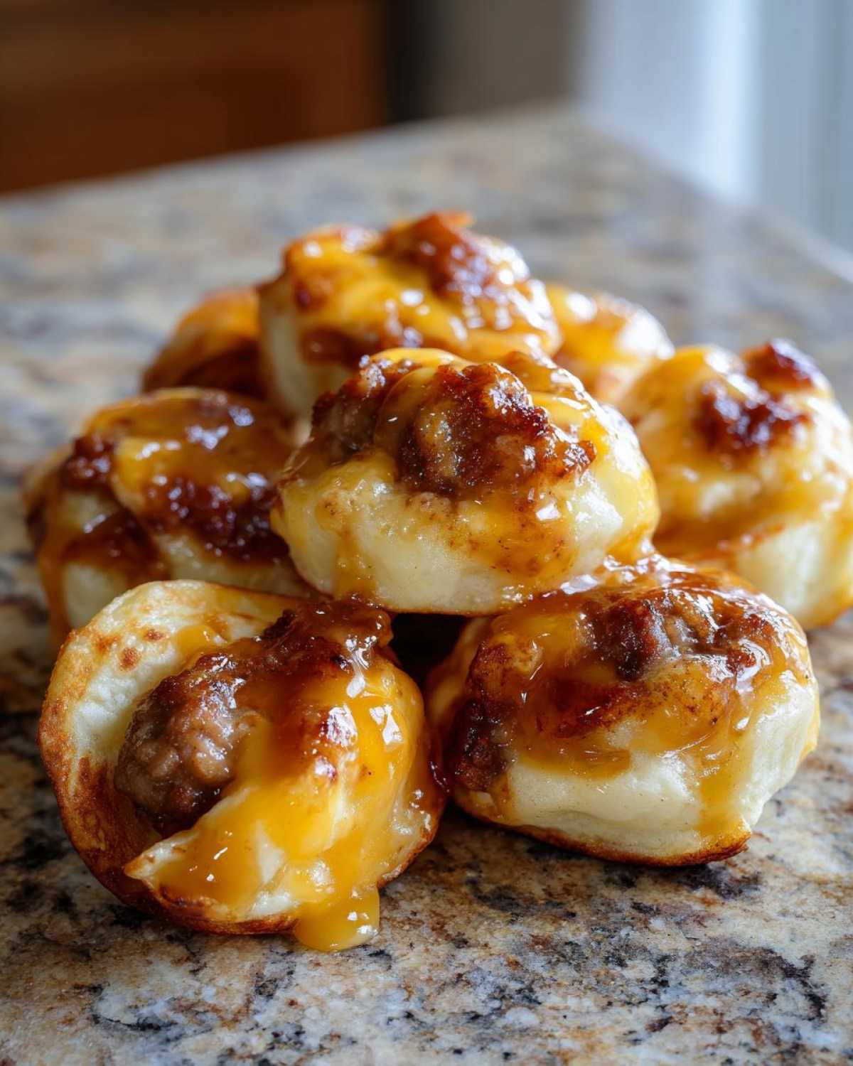 A pile of homemade mcgriddle bites topped with melted cheese and sweet maple syrup glaze.