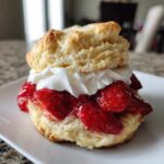 A close-up of a classic strawberry shortcake featuring a split biscuit, macerated strawberries, and whipped cream.