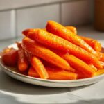 A close-up of tender, bright orange honey glazed carrots piled high on a light-colored plate, glistening with glaze and pepper.