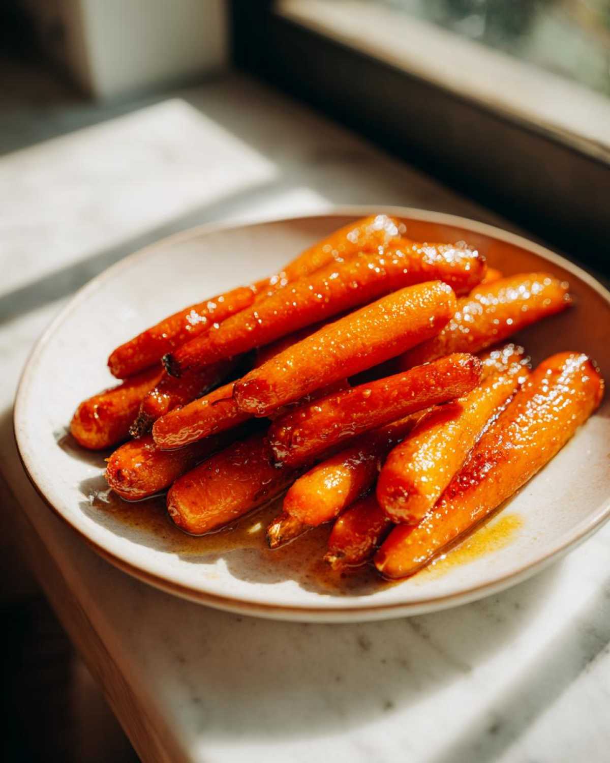 A serving of bright orange, glossy honey glazed carrots piled on a light-colored plate near a window.
