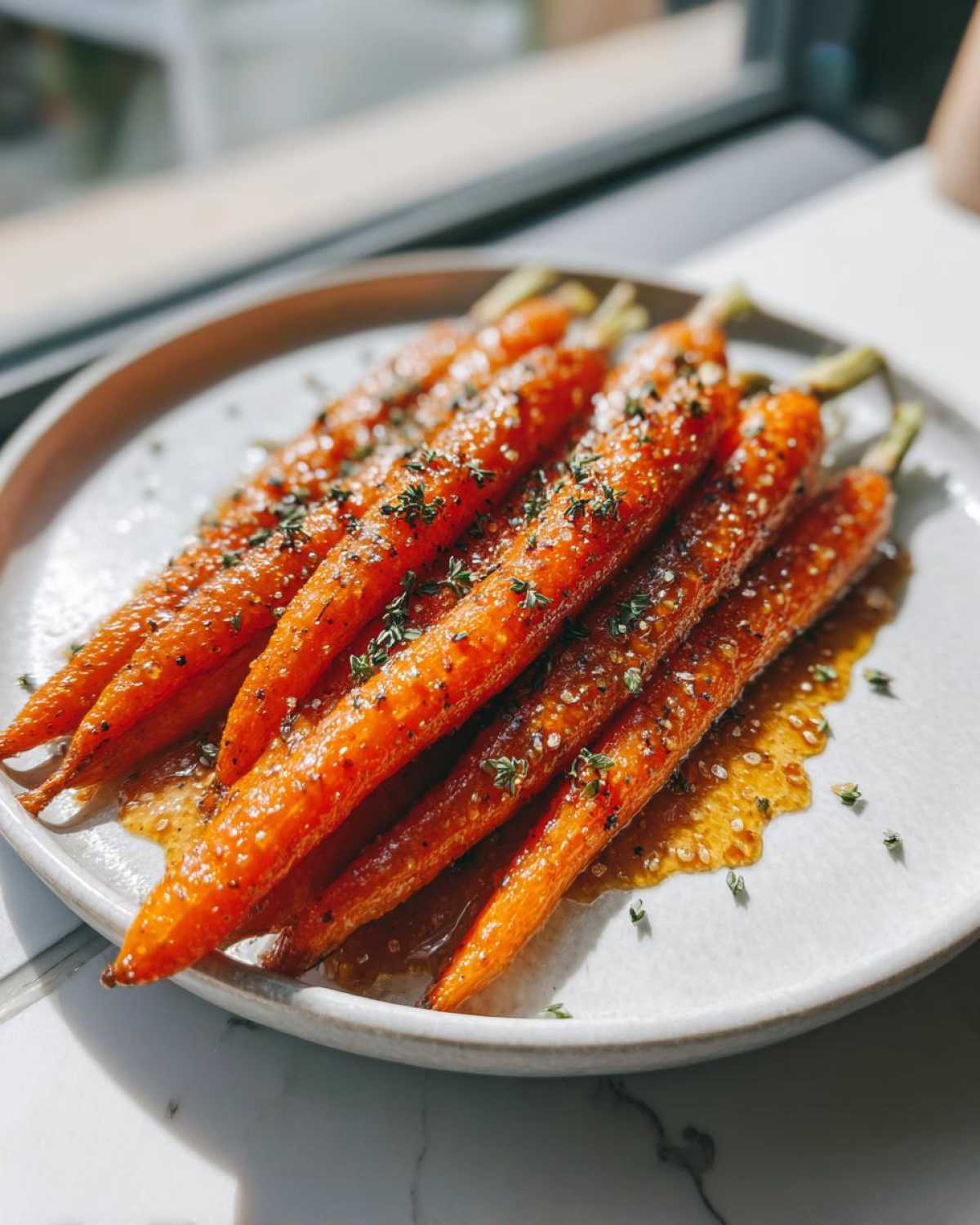 A plate of vibrant, glossy honey glazed carrots, sprinkled with herbs and seasoning.