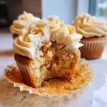 A close-up of a Honey Peach Cream Cheese Cupcake with a bite taken out, revealing a moist crumb and peachy filling.