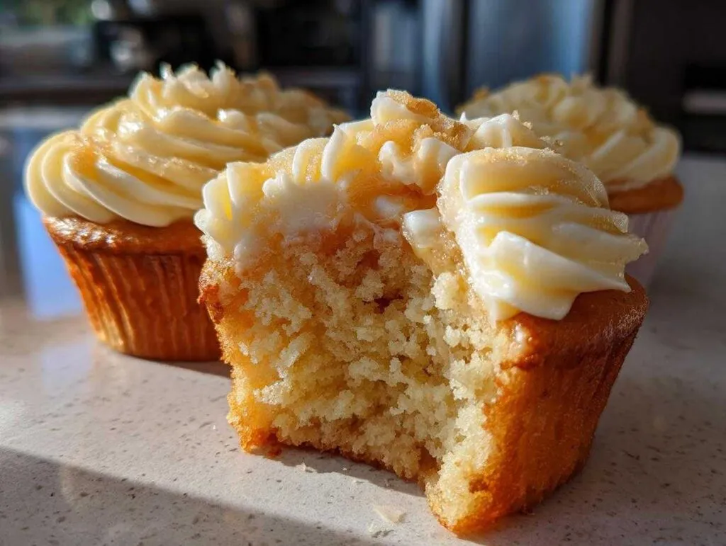 Close-up of a Honey Peach Cream Cheese Cupcake with a bite taken out, showing fluffy interior and cream cheese frosting.