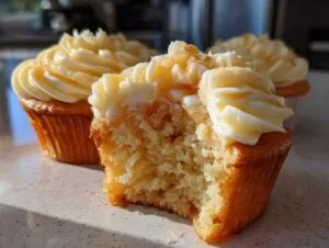 Close-up of a Honey Peach Cream Cheese Cupcake with a bite taken out, showing fluffy interior and cream cheese frosting.