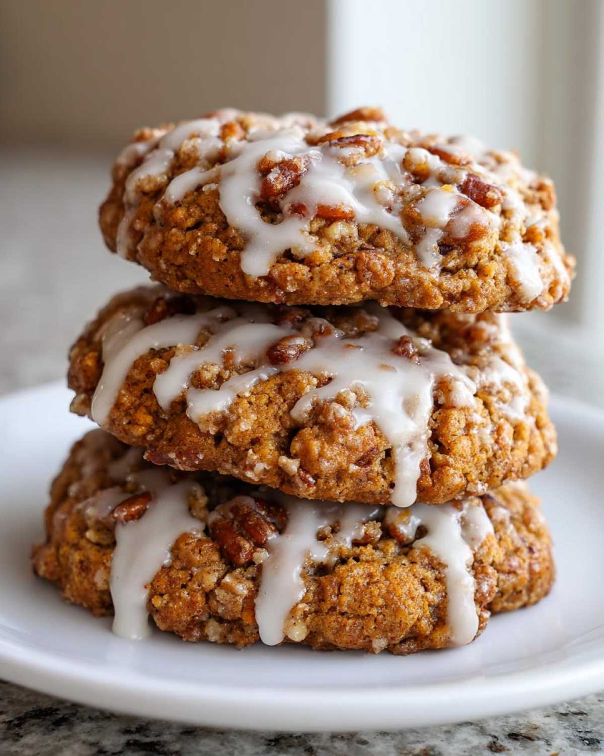 Close-up of three stacked, textured coffee cake cookies topped with a thick vanilla glaze and chopped pecans.