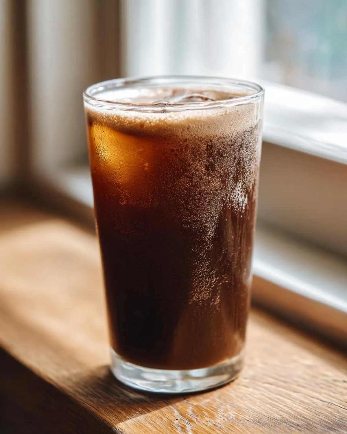 A tall glass of dark, iced beverage with condensation, resembling cold brew coffee, not chocolate milk.