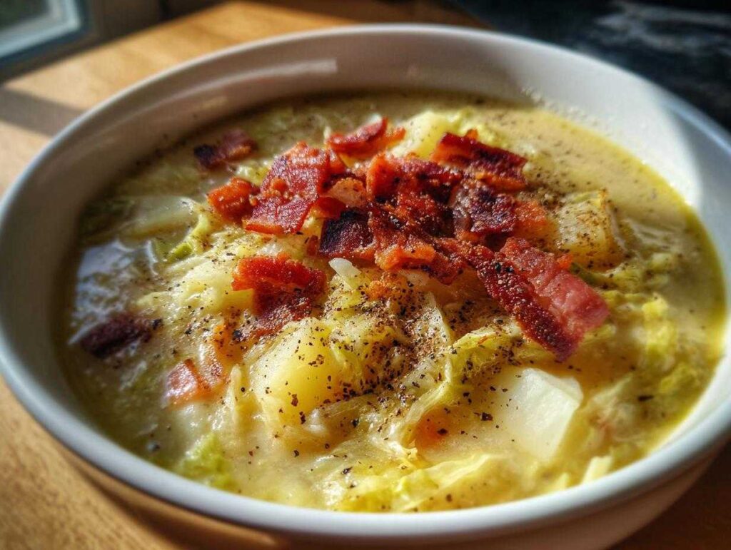 A close-up of a bowl of Irish bacon cabbage potato soup, topped with crispy bacon and black pepper.
