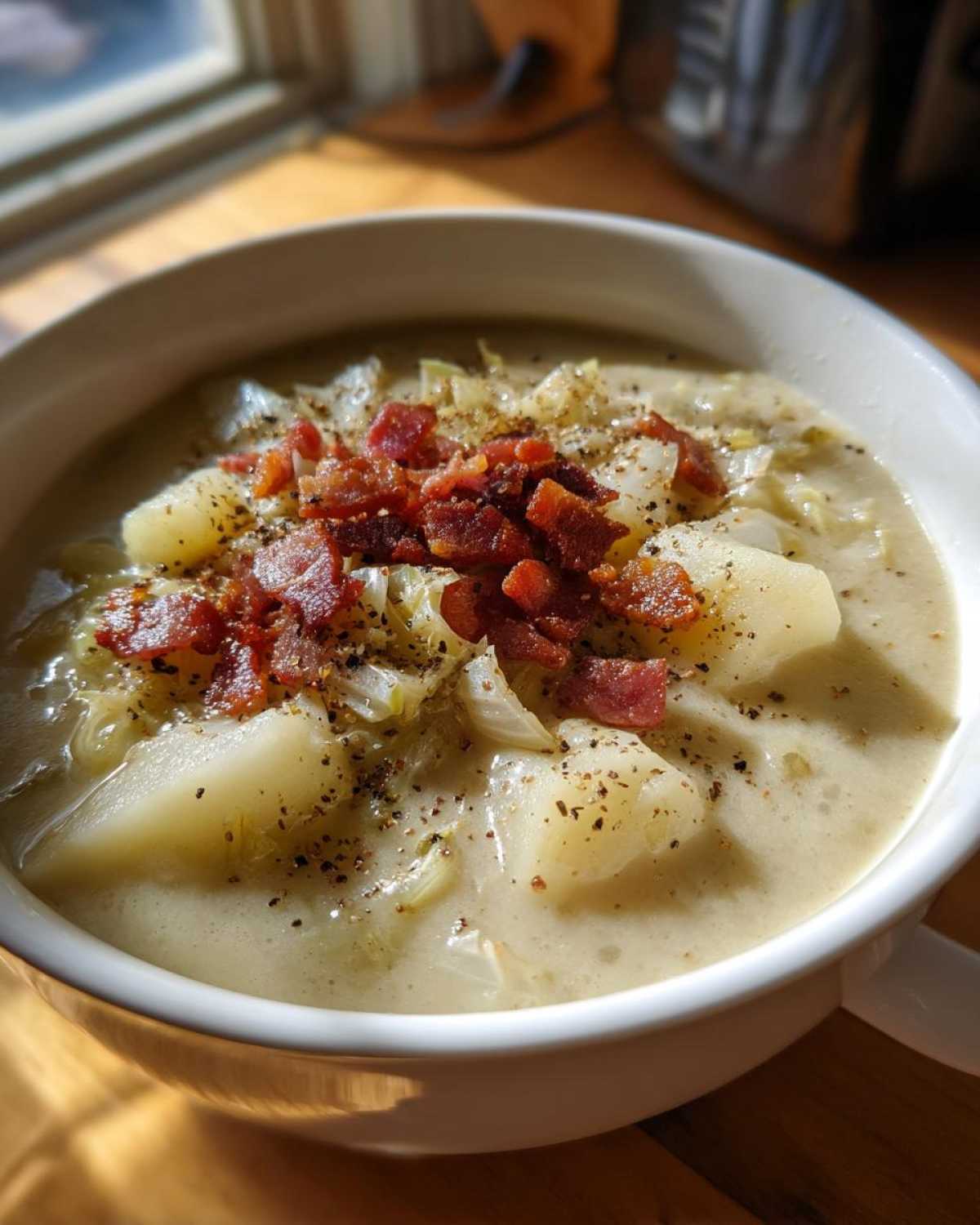Close-up of a bowl of Irish bacon cabbage potato soup topped with crispy bacon and black pepper.