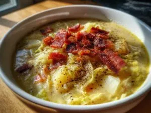 A close-up of a bowl of Irish bacon cabbage potato soup, topped with crispy bacon and black pepper.
