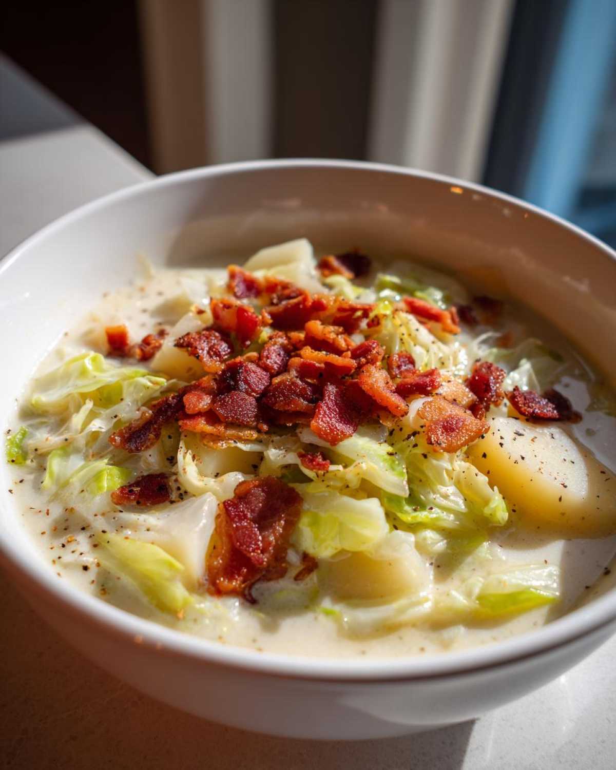 A close-up of a bowl of Irish bacon cabbage potato soup, topped with crispy bacon pieces and black pepper.