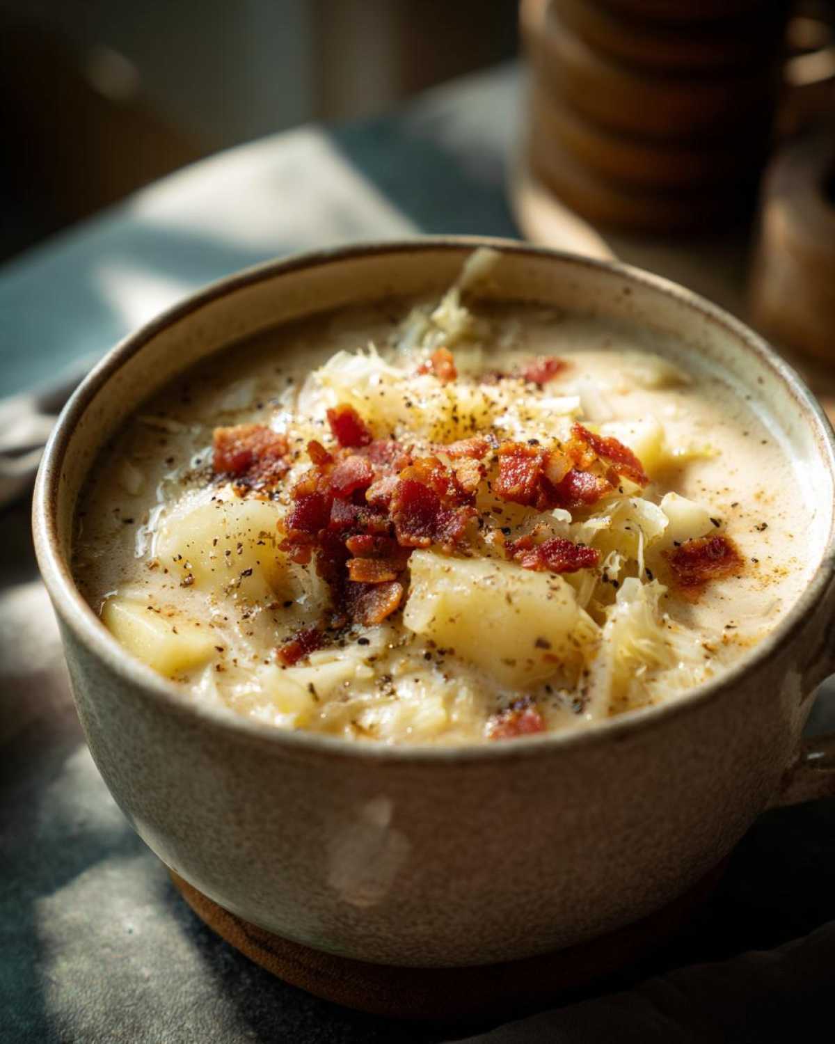 A close-up of a bowl of Irish bacon cabbage potato soup, topped with crispy bacon bits and cracked black pepper.