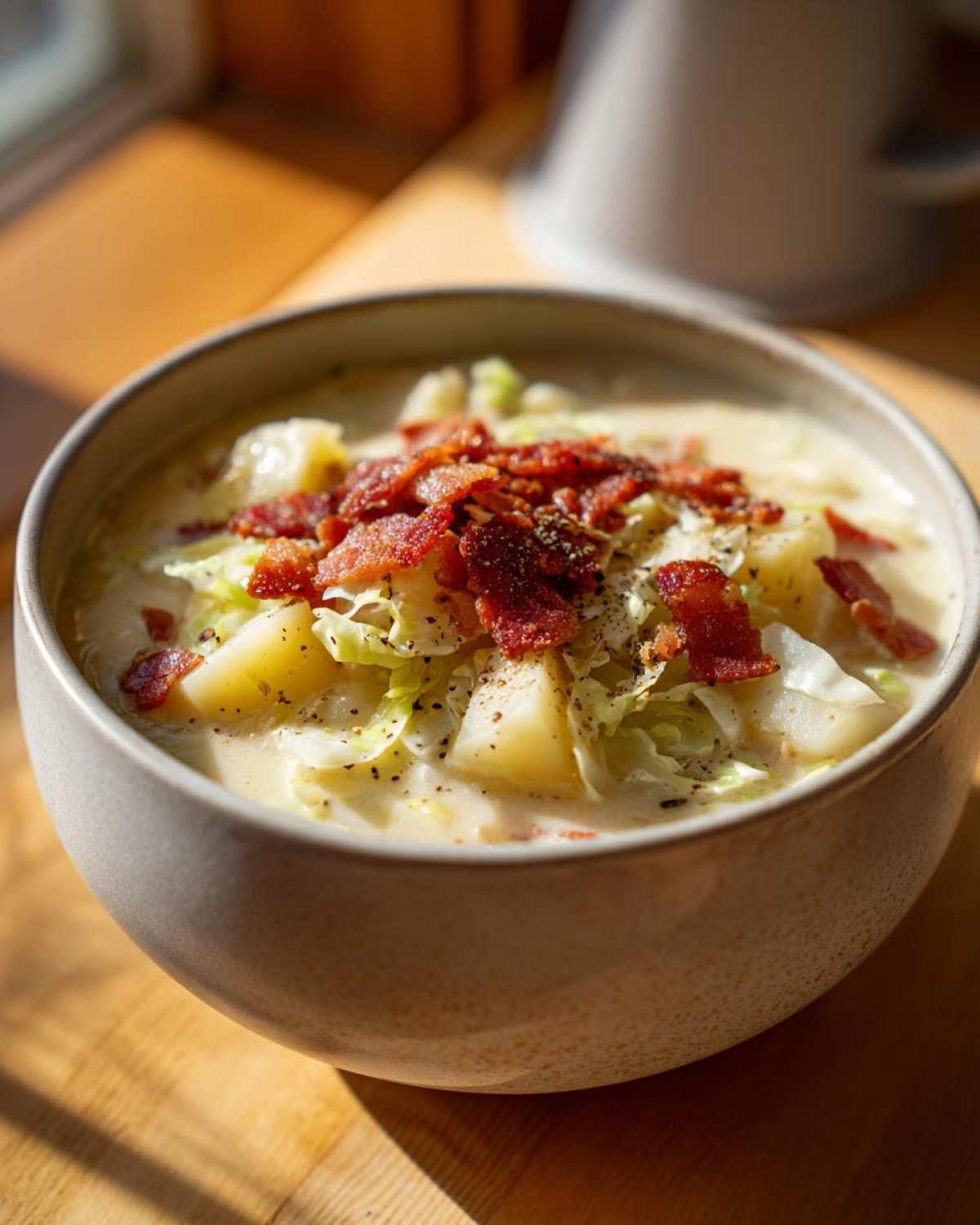 A close-up of a bowl of Irish bacon cabbage potato soup, topped with crispy bacon and fresh cabbage.