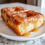 Close-up of two maple donut bars on a white plate, generously coated in a thick, glossy maple glaze.
