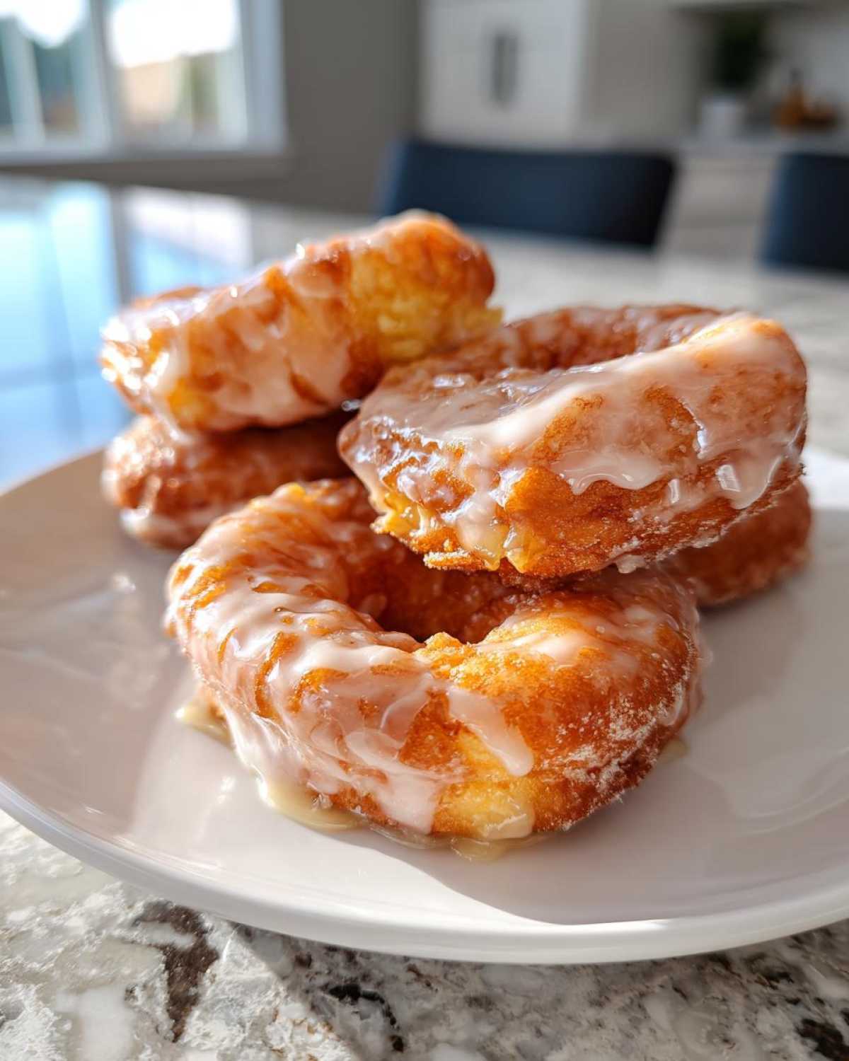 A stack of golden brown maple donut bars generously drizzled with a sweet, white glaze.