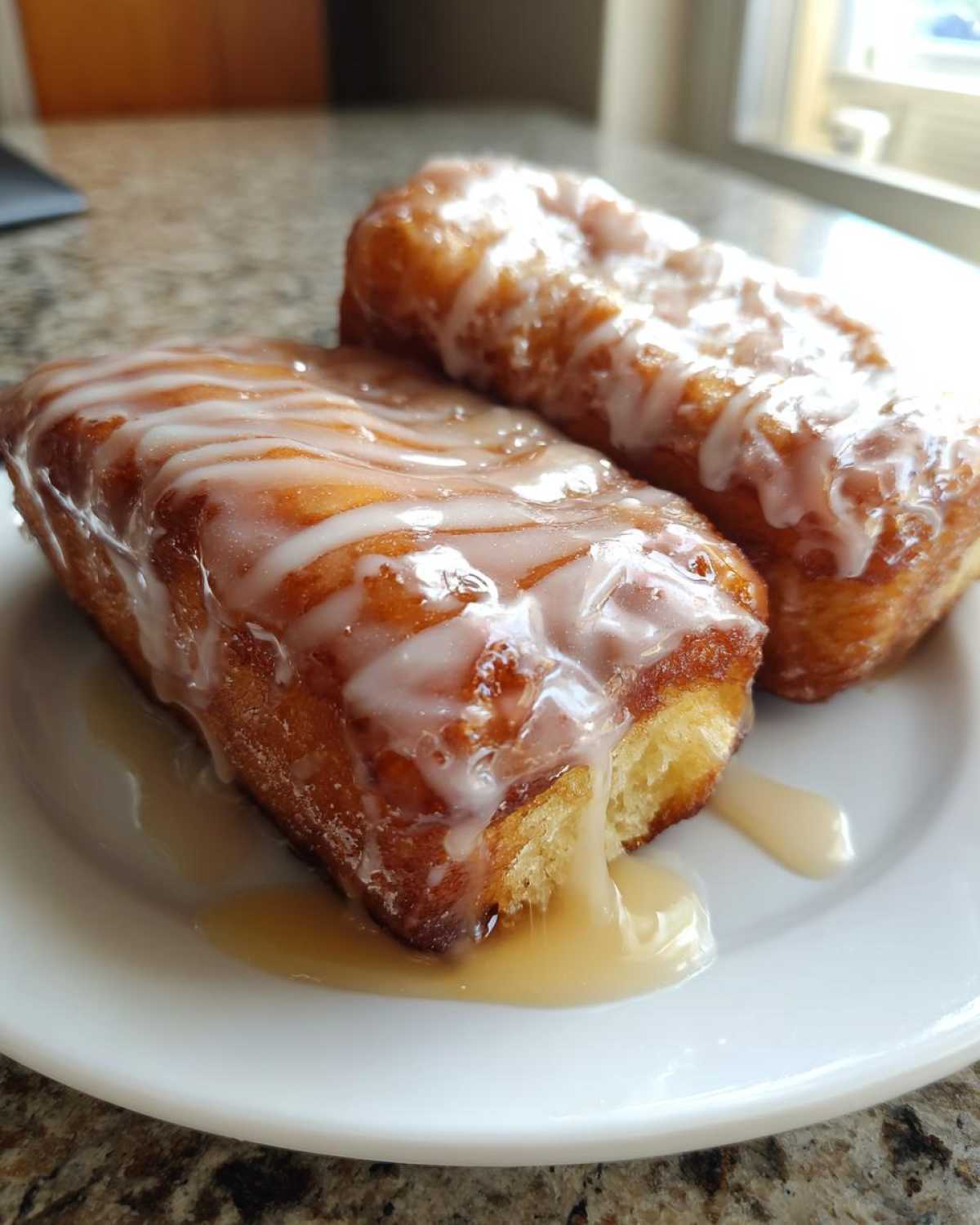 Two golden brown maple donut bars drizzled with white glaze on a white plate, with some glaze dripping.