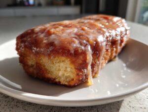 A close-up of a single serving of maple donut bars, drizzled with sweet maple glaze.