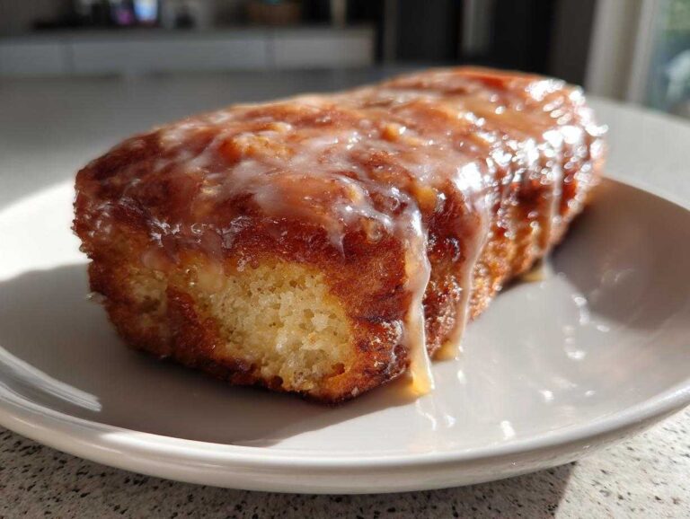 A close-up of a single serving of maple donut bars, drizzled with sweet maple glaze.