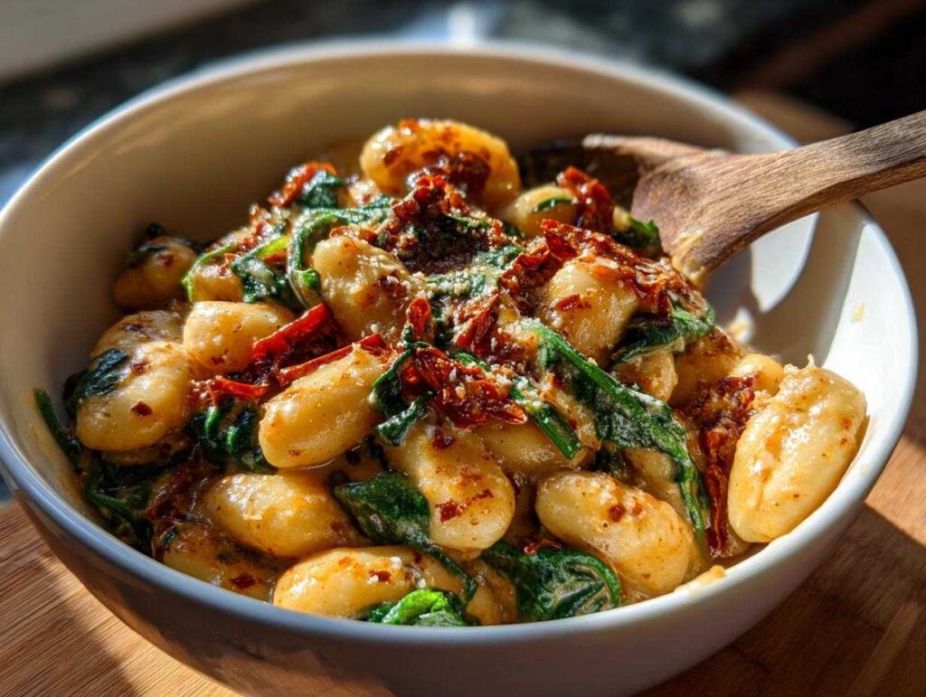 A close-up of Marry Me butter beans in a creamy sauce with spinach and sun-dried tomatoes, served in a white bowl.