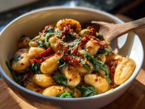 A close-up of Marry Me butter beans in a creamy sauce with spinach and sun-dried tomatoes, served in a white bowl.