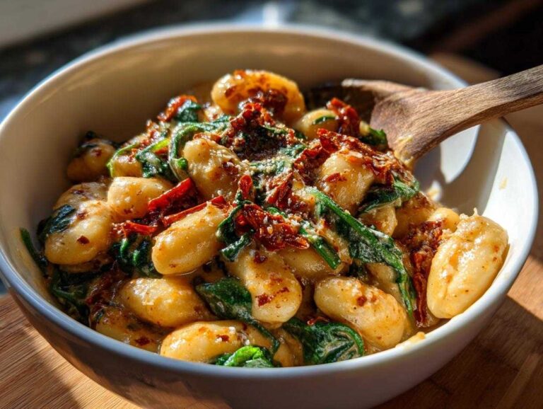 A close-up of Marry Me butter beans in a creamy sauce with spinach and sun-dried tomatoes, served in a white bowl.