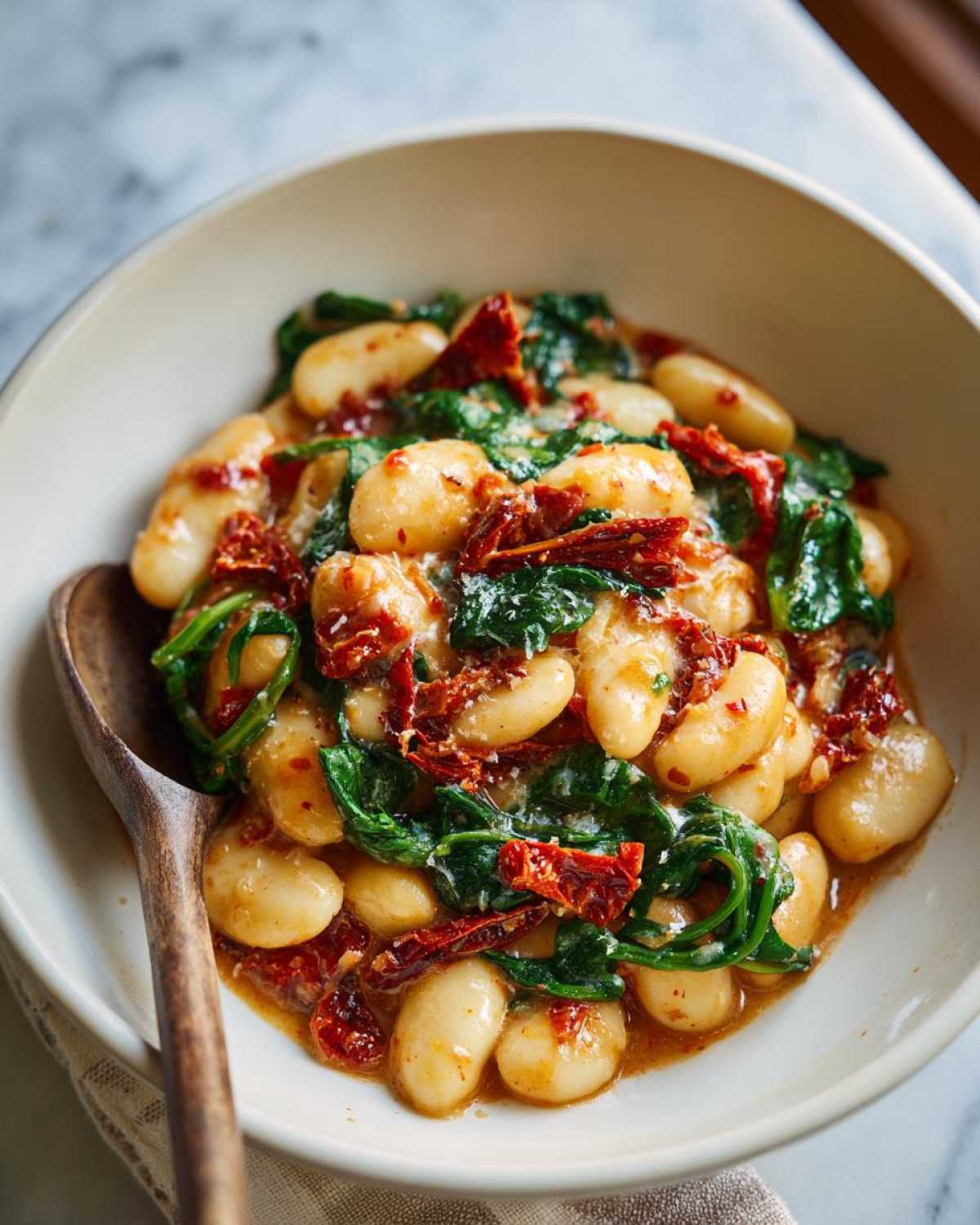 A close-up of Marry Me butter beans dish with sun-dried tomatoes and spinach, served in a bowl with a wooden spoon.