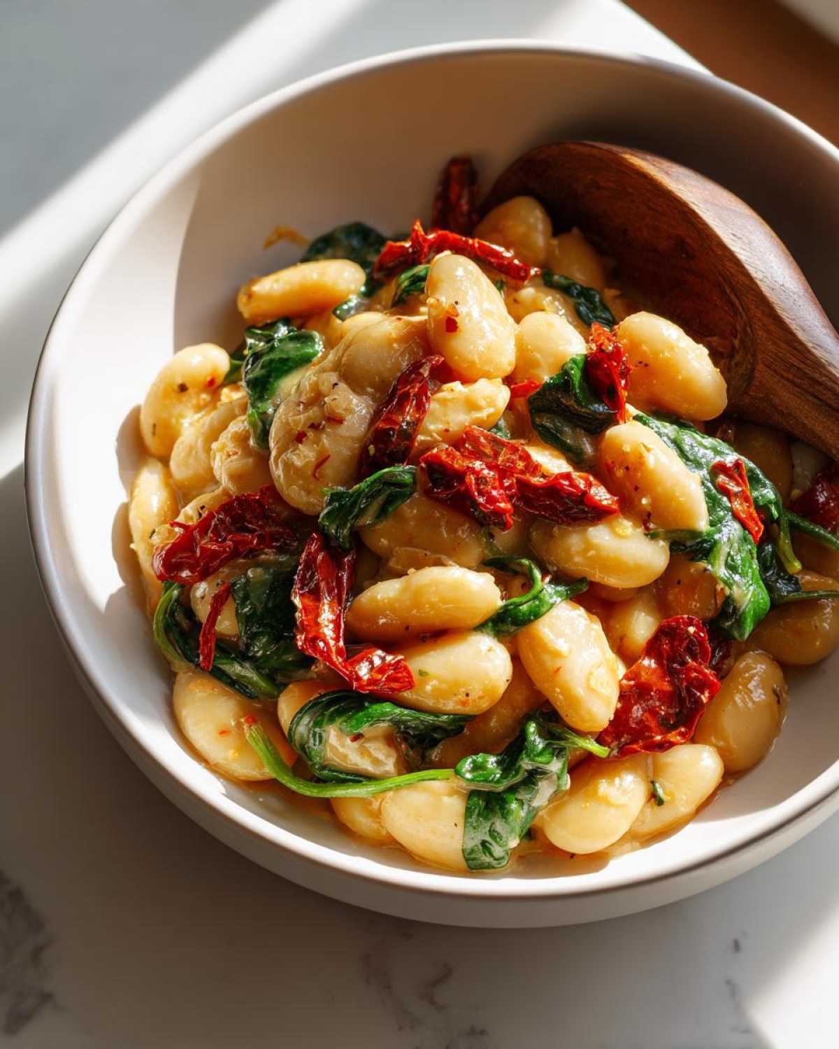 A close-up of Marry Me butter beans dish, featuring creamy butter beans, wilted spinach, and sun-dried tomatoes in a white bowl with a wooden spoon.
