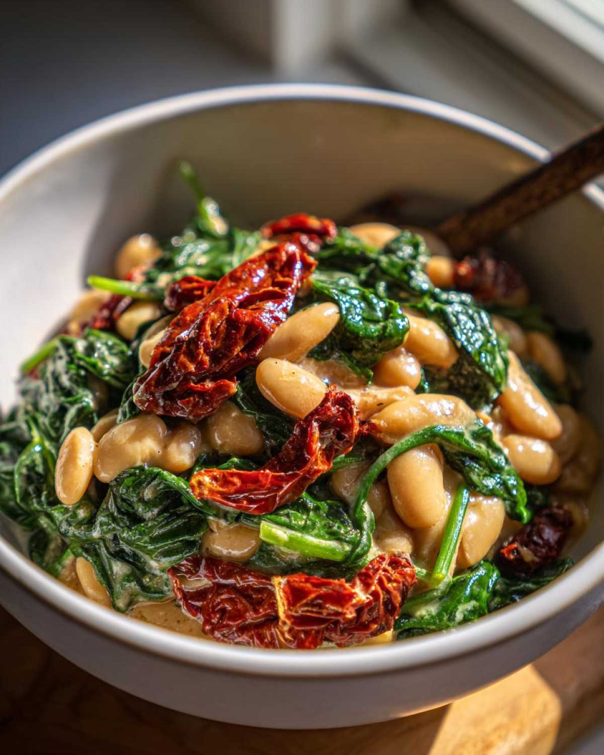 Close-up of Marry Me butter beans in a creamy sauce with wilted spinach and sun-dried tomatoes.