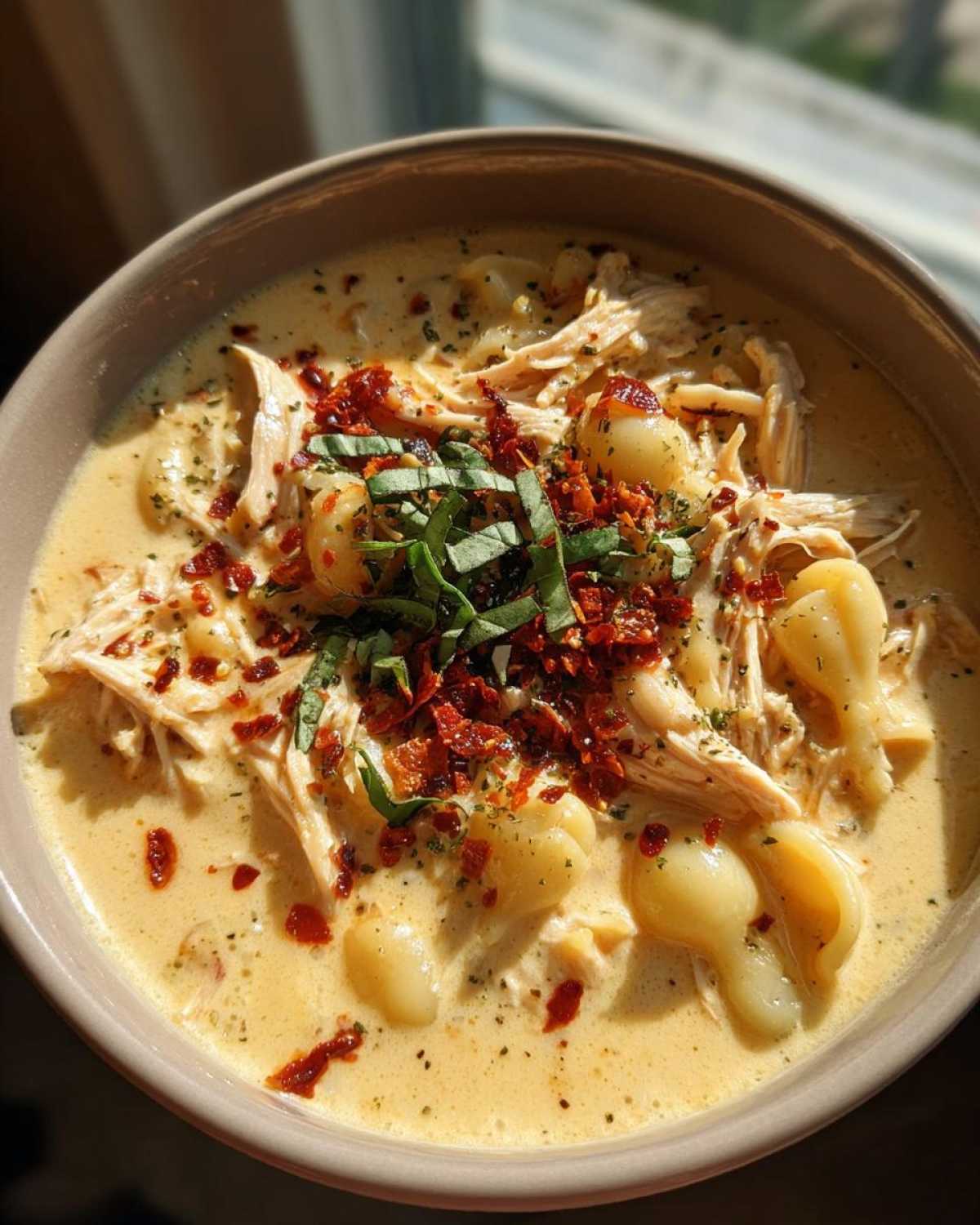 A close-up of a bowl of creamy Marry Me Chicken Soup with shredded chicken, gnocchi, and sun-dried tomatoes.