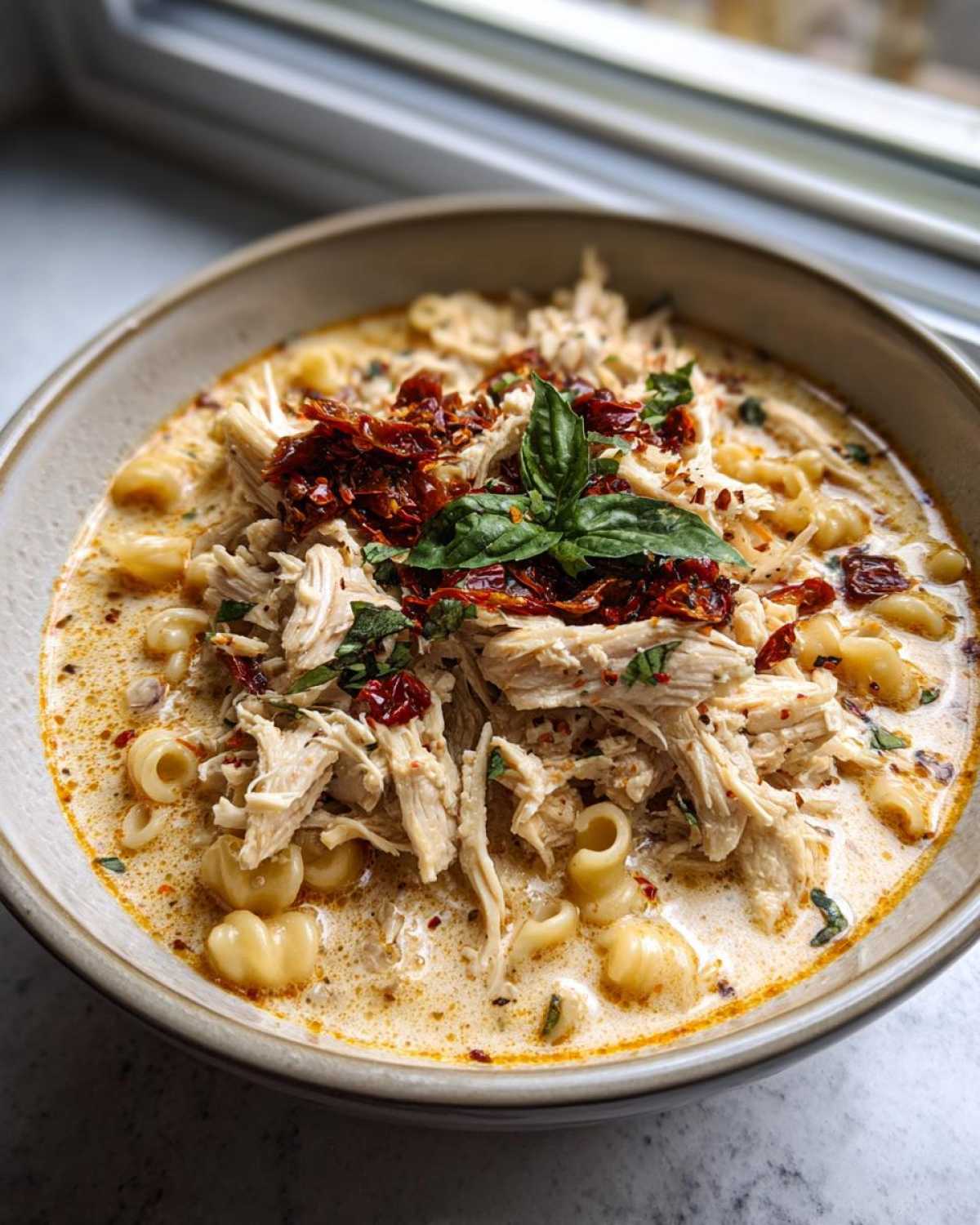 A close-up of a bowl of creamy Marry Me Chicken Soup, featuring shredded chicken, pasta, sun-dried tomatoes, and basil.