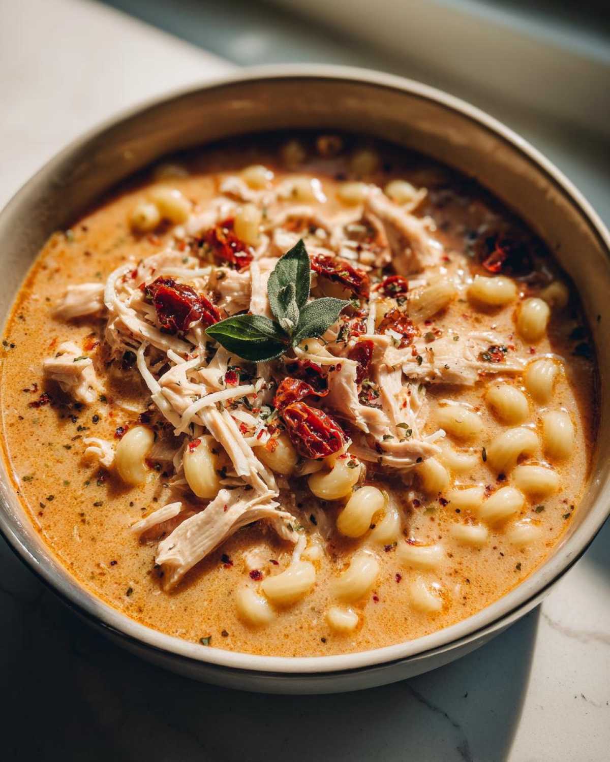 A close-up of a bowl of creamy Marry Me Chicken Soup, featuring shredded chicken, pasta, sun-dried tomatoes, and herbs.