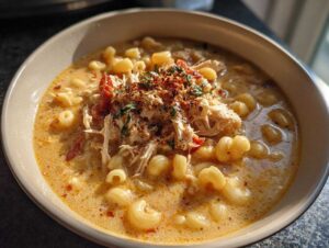 A close-up of a bowl of creamy Marry Me Chicken Soup, featuring shredded chicken, macaroni pasta, and sun-dried tomatoes, topped with herbs and chili flakes.