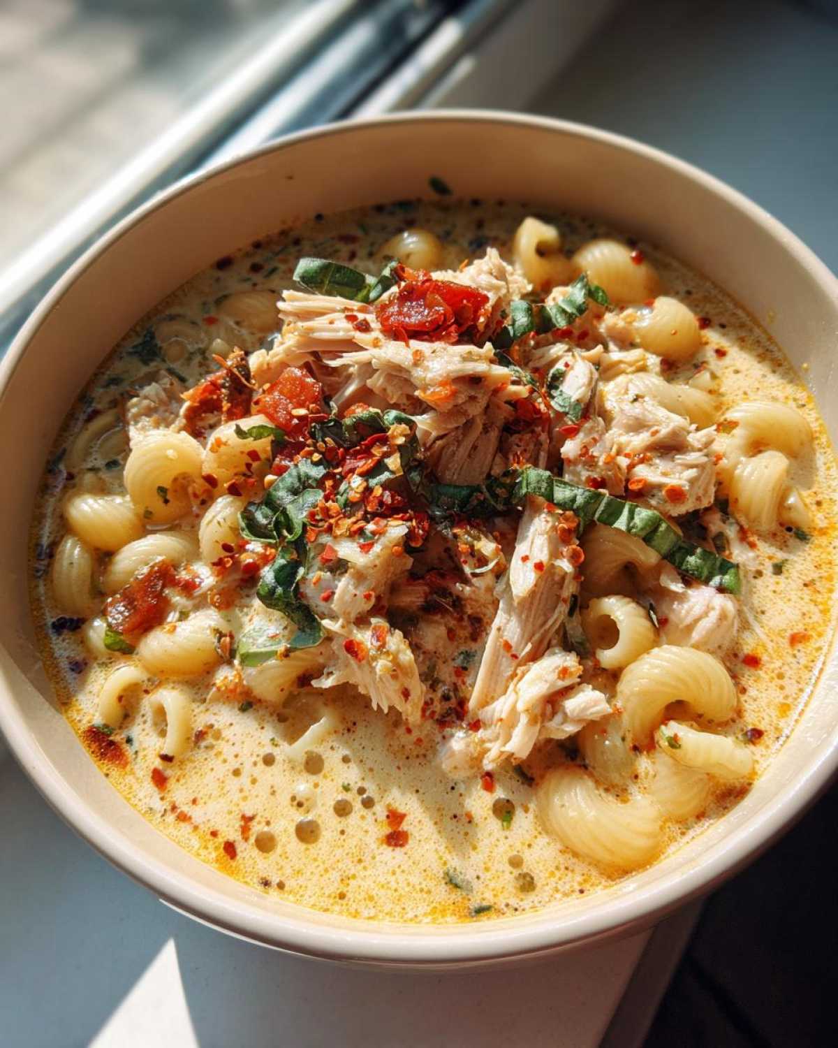 A close-up of a bowl of creamy Marry Me Chicken Soup, featuring shredded chicken, pasta, and red pepper flakes.