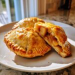 Close-up of two mini apple pies on a white plate, one cut in half revealing a warm apple filling and flaky crust.