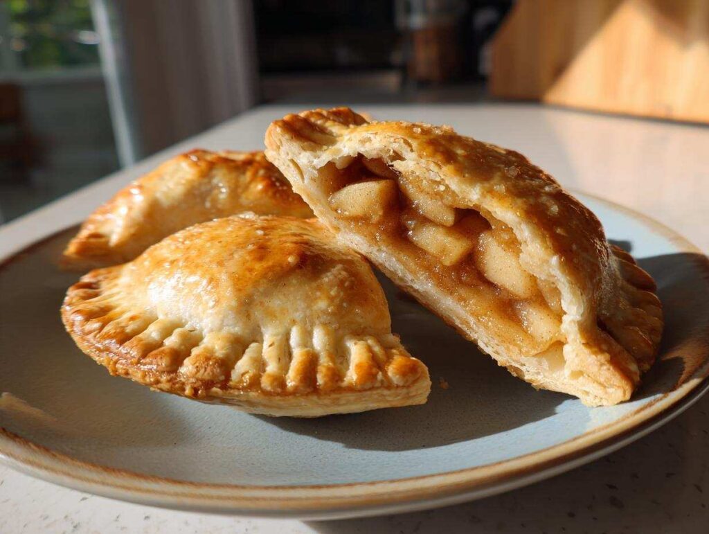 Close-up of irresistible mini apple pies with a flaky golden crust, one cut open to reveal apple filling.