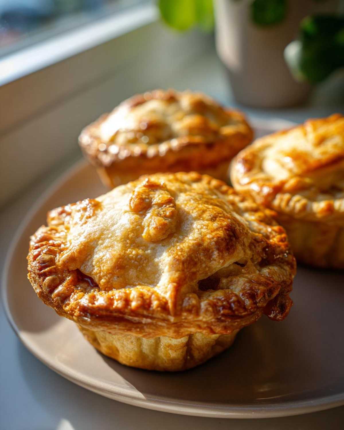 Close-up of three golden-brown mini apple pies with flaky crusts, arranged on a plate.