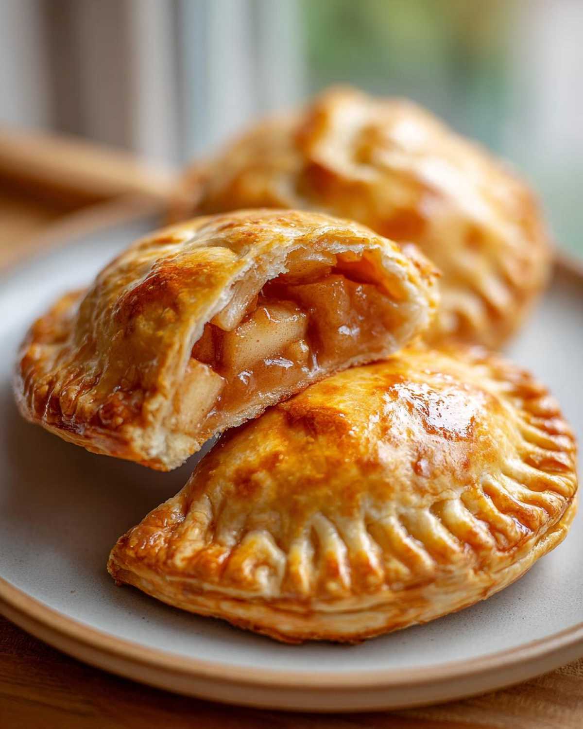 Close-up of two golden-brown mini apple pies on a plate, one cut open revealing a warm apple filling.