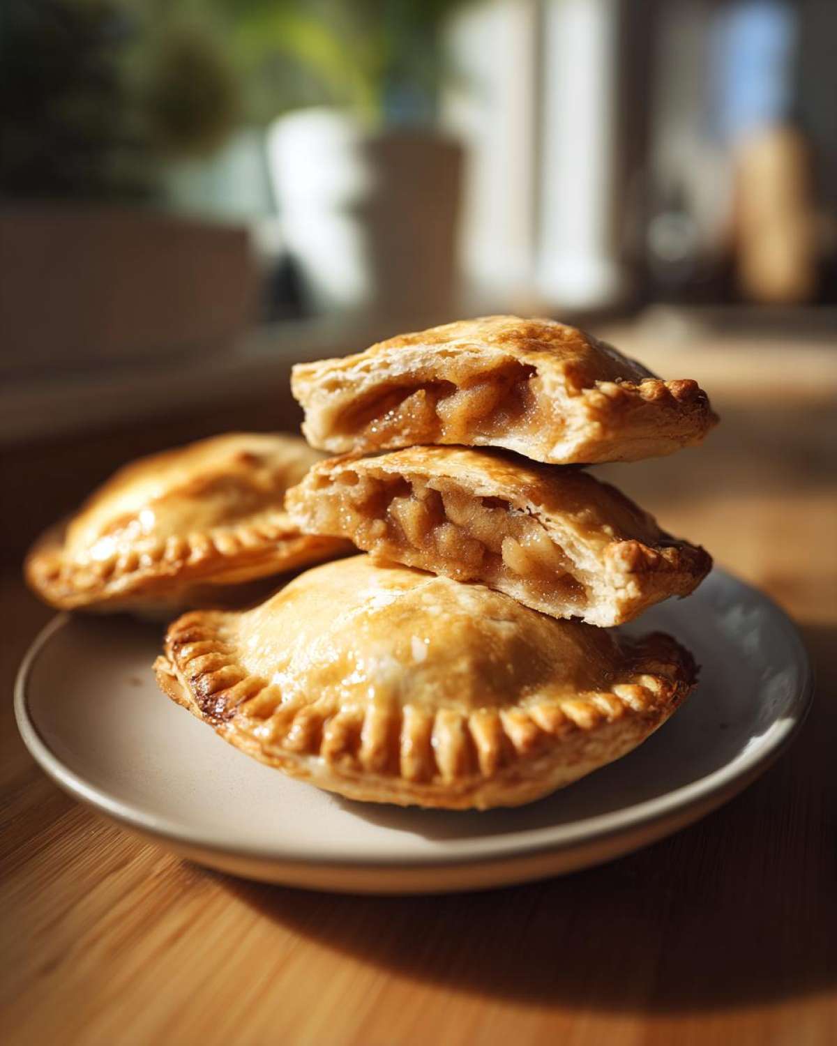 Stack of freshly baked mini apple pies, one cut in half to reveal the warm apple filling and flaky crust.