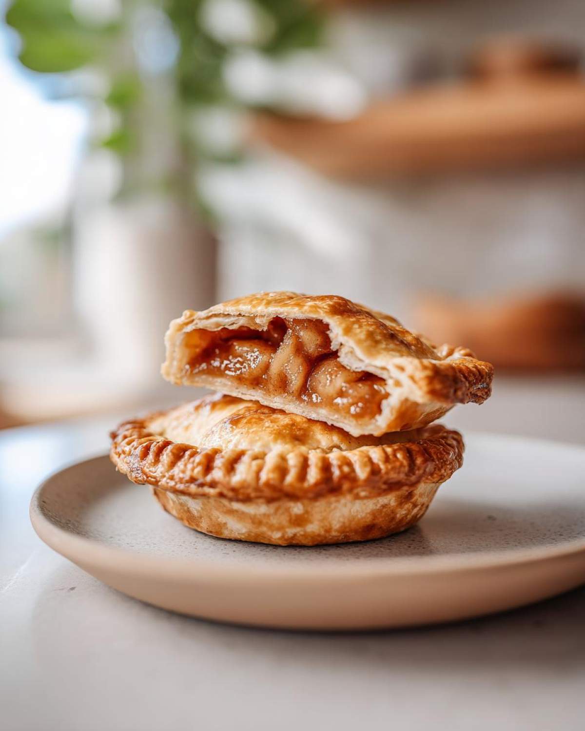 Two delicious mini apple pies stacked on a plate, one cut in half to reveal the apple filling.
