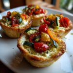 Close-up of four mini vegetable tartlets filled with cheese and topped with colorful cherry tomatoes, zucchini, and bell peppers.