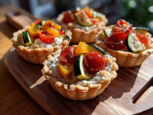 Four mini vegetable tartlets filled with creamy cheese and topped with roasted cherry tomatoes and zucchini slices.