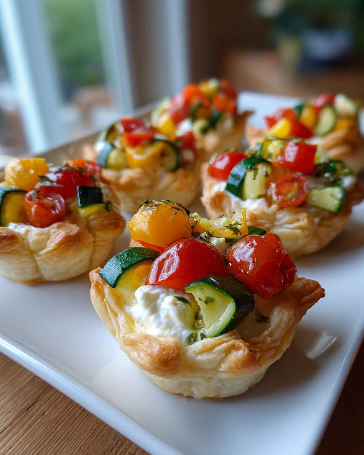 Close-up of fresh mini vegetable tartlets filled with creamy cheese and topped with cherry tomatoes, zucchini, and bell peppers.