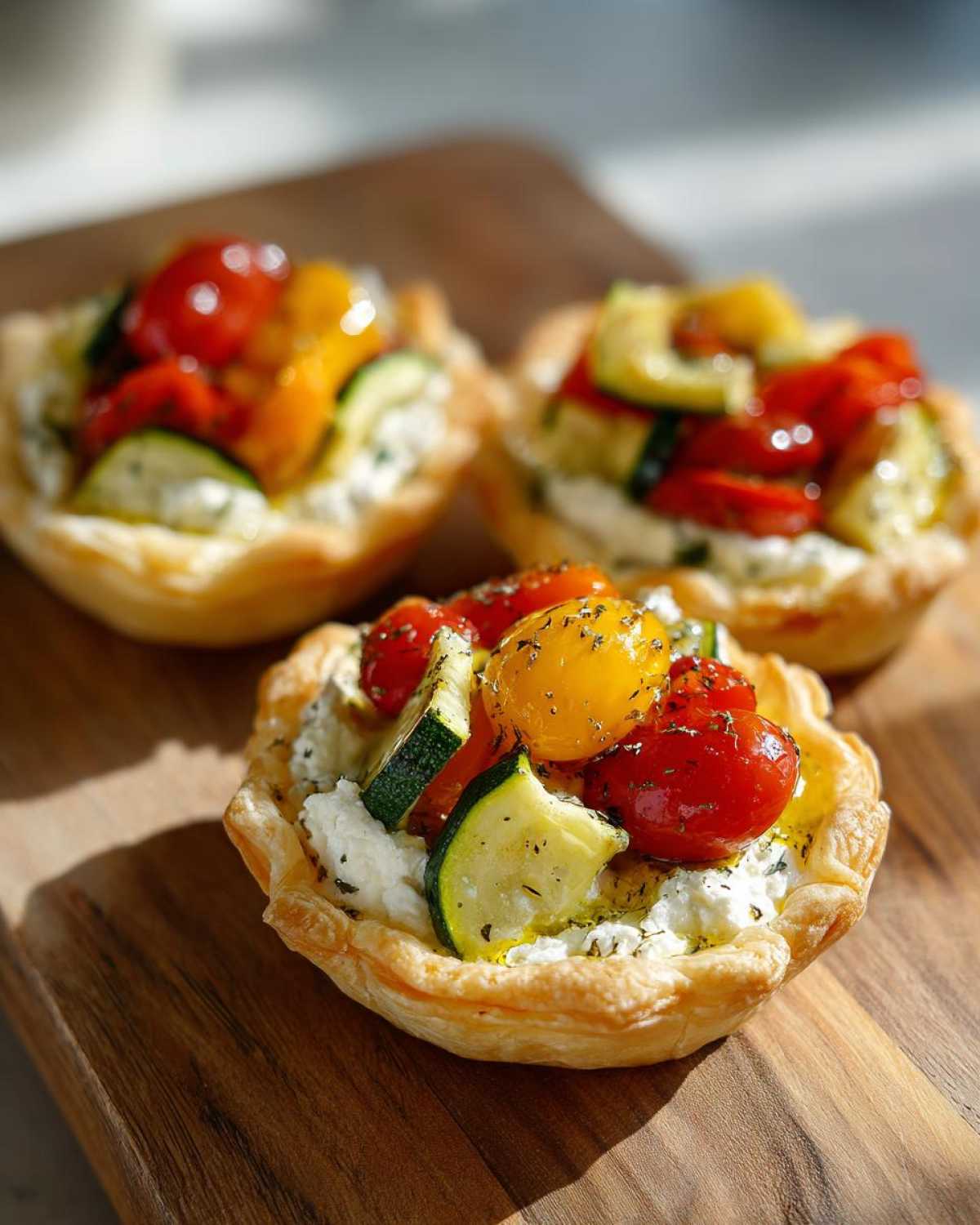 Close-up of three mini vegetable tartlets filled with creamy cheese and topped with cherry tomatoes and zucchini slices.