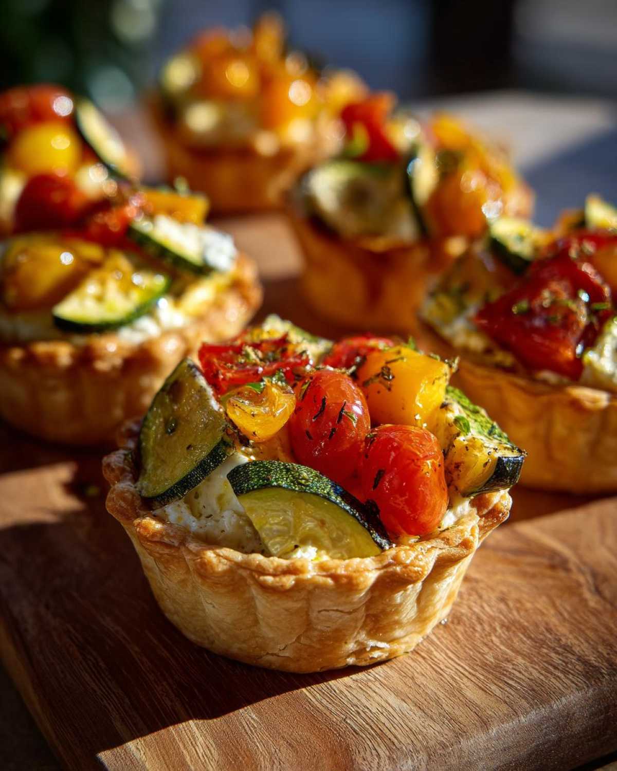 Close-up of a mini vegetable tartlet filled with creamy cheese and topped with grilled cherry tomatoes and zucchini slices.