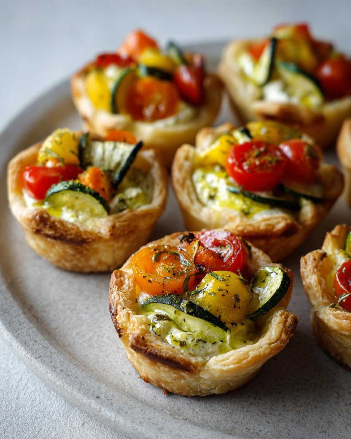 Close-up of flaky mini vegetable tartlets filled with creamy cheese and topped with roasted cherry tomatoes and zucchini slices.