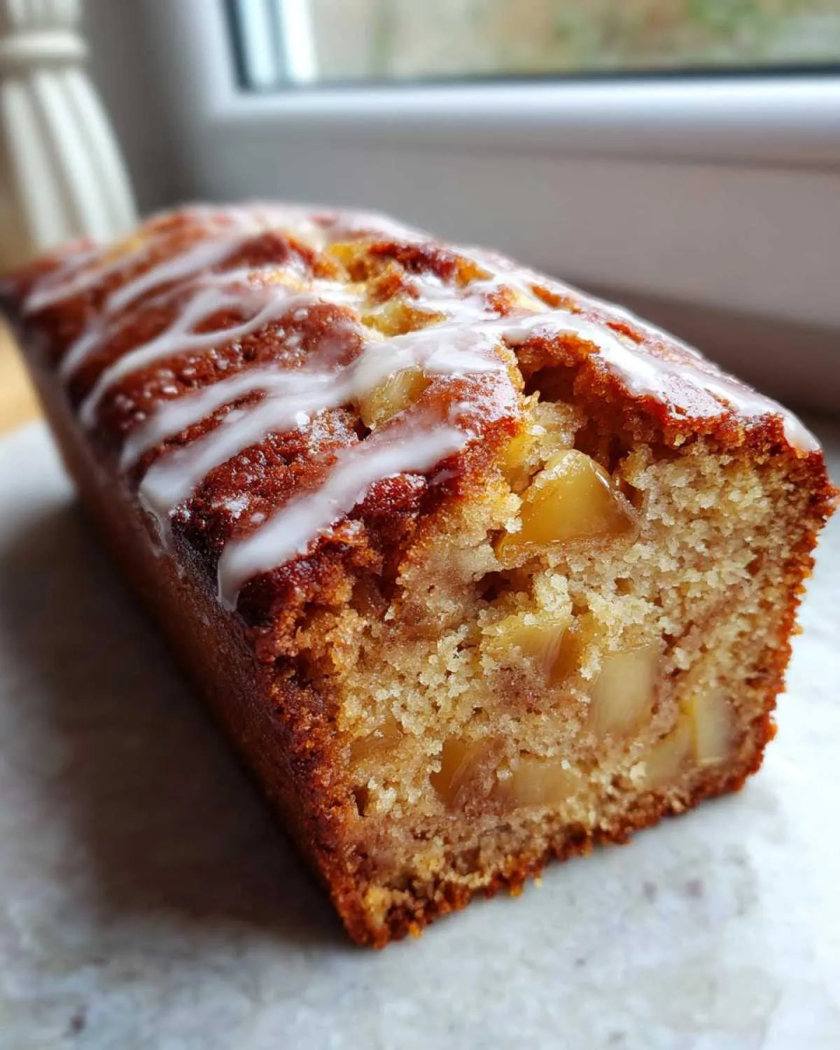 Close-up of a moist apple cake loaf, showing chunks of apple inside and a white sugar glaze drizzled on top.