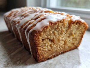 Close-up of a moist apple cake loaf, showing the crumb texture and white glaze drizzled over the top.